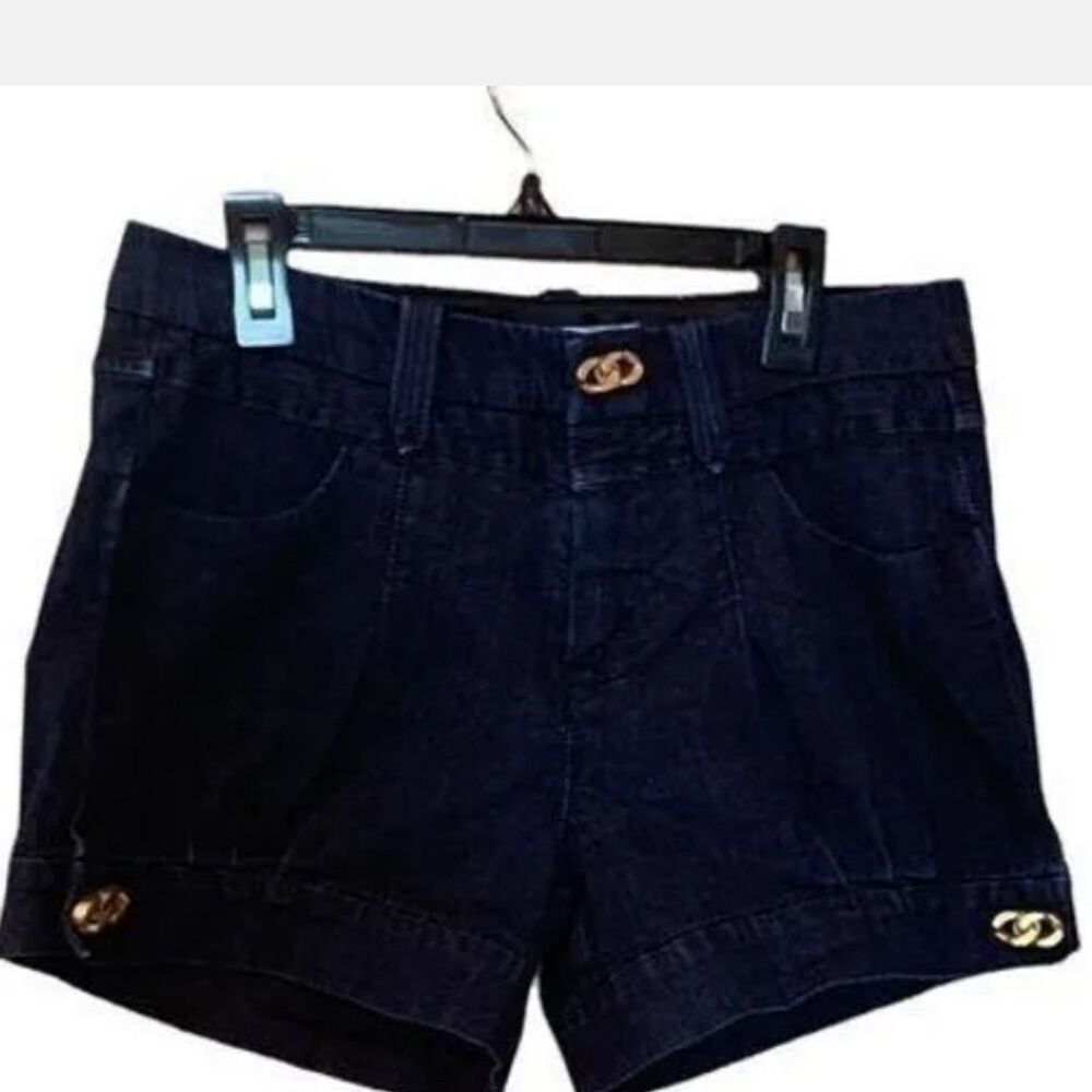 Dwell Women's M Dark Blue Denim Shorts Gold Button Accents